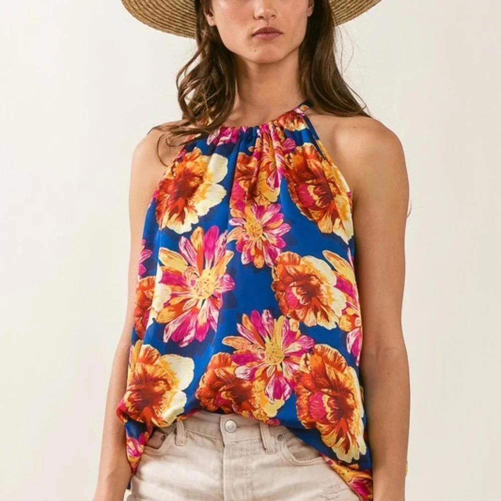 Silky Flower Satin Halter Top - Picture 2 of 4